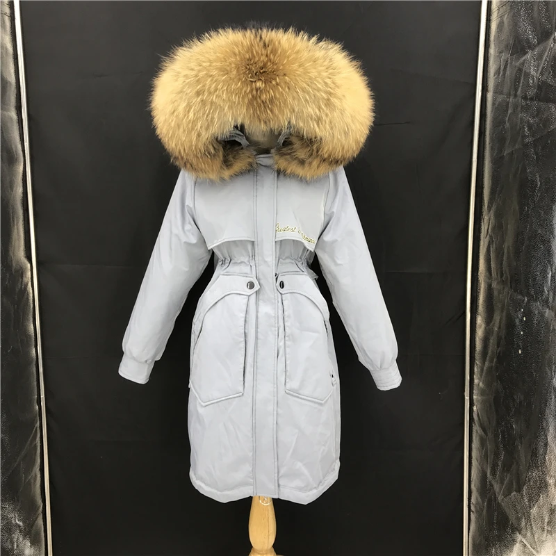 Длинная зимняя куртка женская парка на утином пуху большого размера, натуральный мех пальто с капюшоном новая Толстая теплая верхняя одежда женский пуховик большого размера