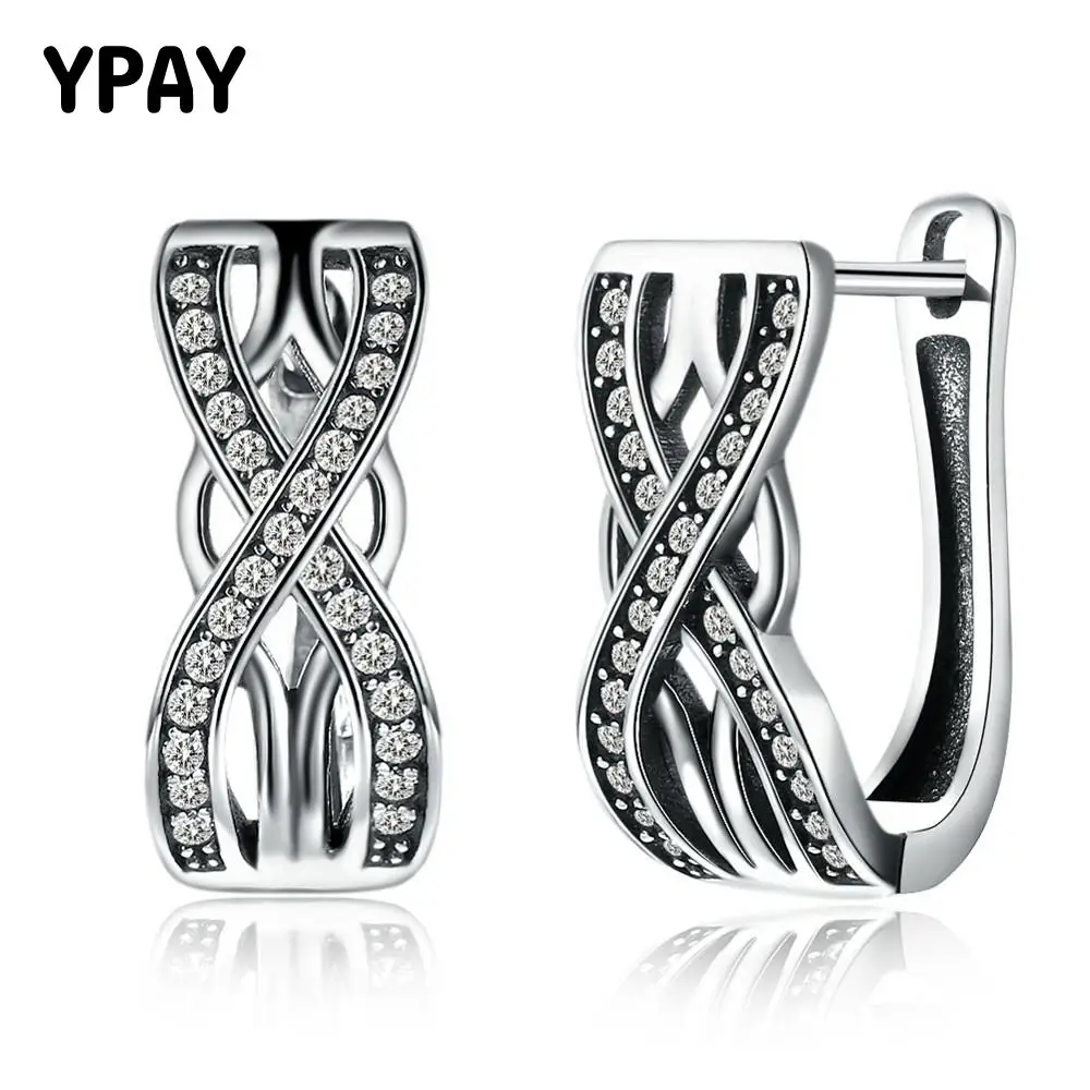 

YPAY Infinity Small Hoop Earrings For Women Luxury Real 925 Sterling Silver Clear Vintage Female Earring Fine Jewelry YME025