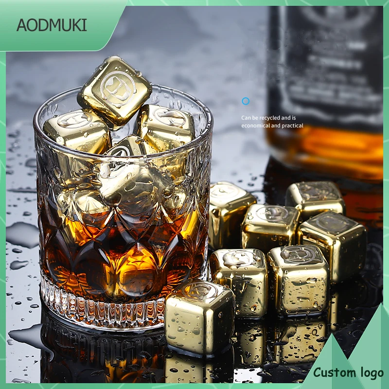 Reusable Golden Square Stainless Steel Stones Ice with Box Clip Cubes Champagne Cooler Wine Whiskey Chilling Rocks