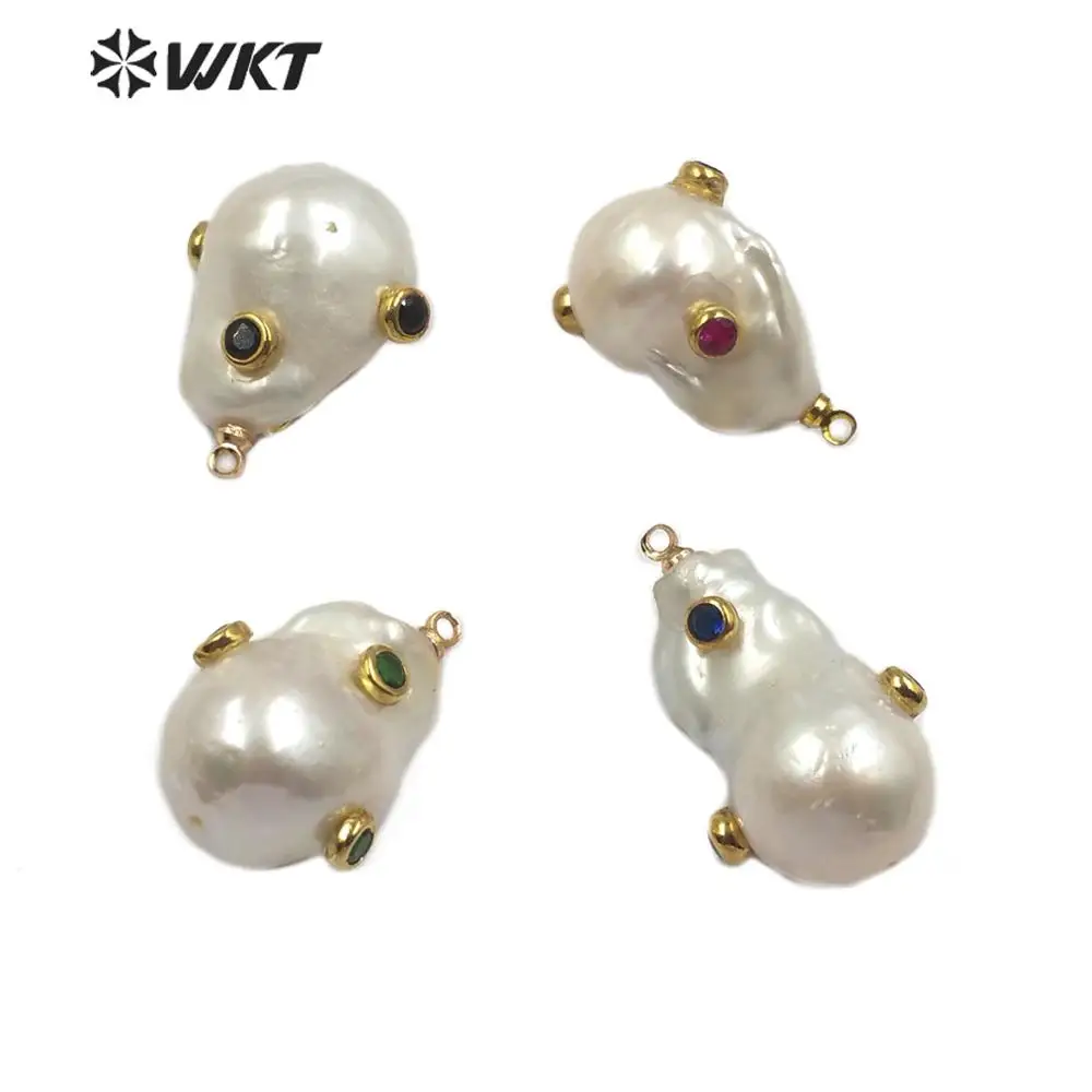 

WT-MP138 Natural Freshwater Pearl Pendant & CZ Paved Random Shape With Multi Color Gem stone paved Pearl Charm Pendant