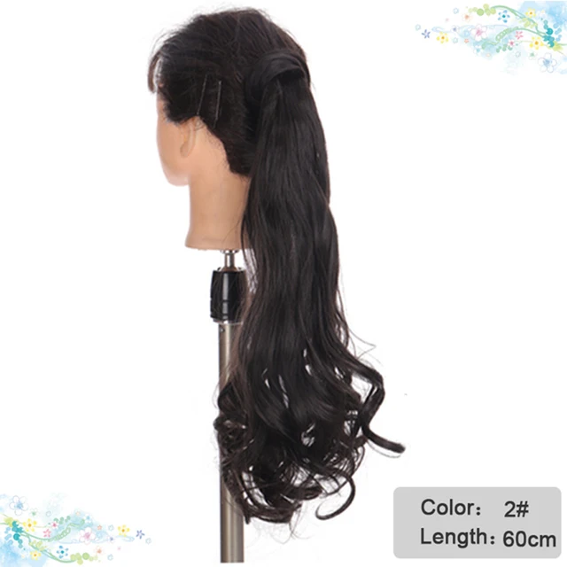 DIANQI Synthetic Corn Wavy Long Curly Ponytail Hairpiece Wrap on Clip Hair Extensions Black Pony Hair 2