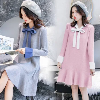 

2020 Autumn and Spring Pregnant Women's Wear New Knitting Dress Fashion Bow Tie Loose High Quality Maternity Long Sleeve Skirt