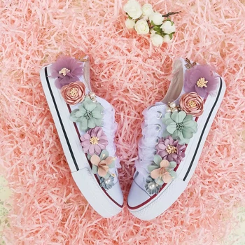 

Flower Wedding Canvas Shoes Women White Sneakers 2020 Spring Female Sneaker Women's Casual Flats Ladies Trainers Basket Femme