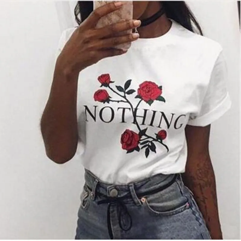 

T Shrit Women 2019 Rose NOTING Letter Printing Top Basic Tops Casual Short Sleeve Loose Shirts Plus Size Clothing