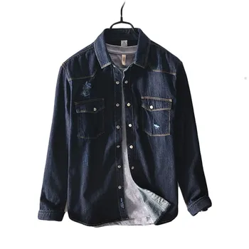 

2020 Men's New Jeans Long Sleeve Shirts Casual Sports Blue Black Lapel Button Pocket Winter Shirts Men Social Shirt Coat tops