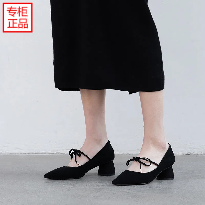 

Online Celebrity Spring New Style Chunky-Heel Shoes Women's Versatile Low-Cut Semi-high Heeled Four Seasons Shoe Bandage Cloth P