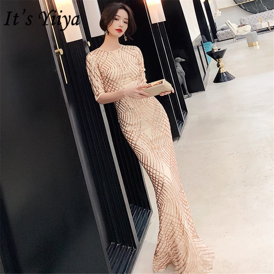 

It's Yiiya Evening Dresses Sequins Mermaid Formal Dress For Women Evening Gown E1348 Plus Size O-neck robe de soiree 2020