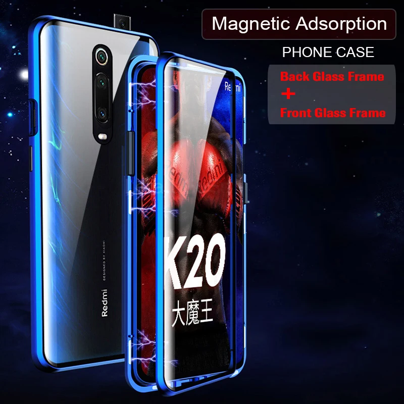 Роскошный металлический чехол с магнитной защелкой для Xiaomi Redmi K20 Pro, двусторонний защитный чехол из закаленного стекла, 360