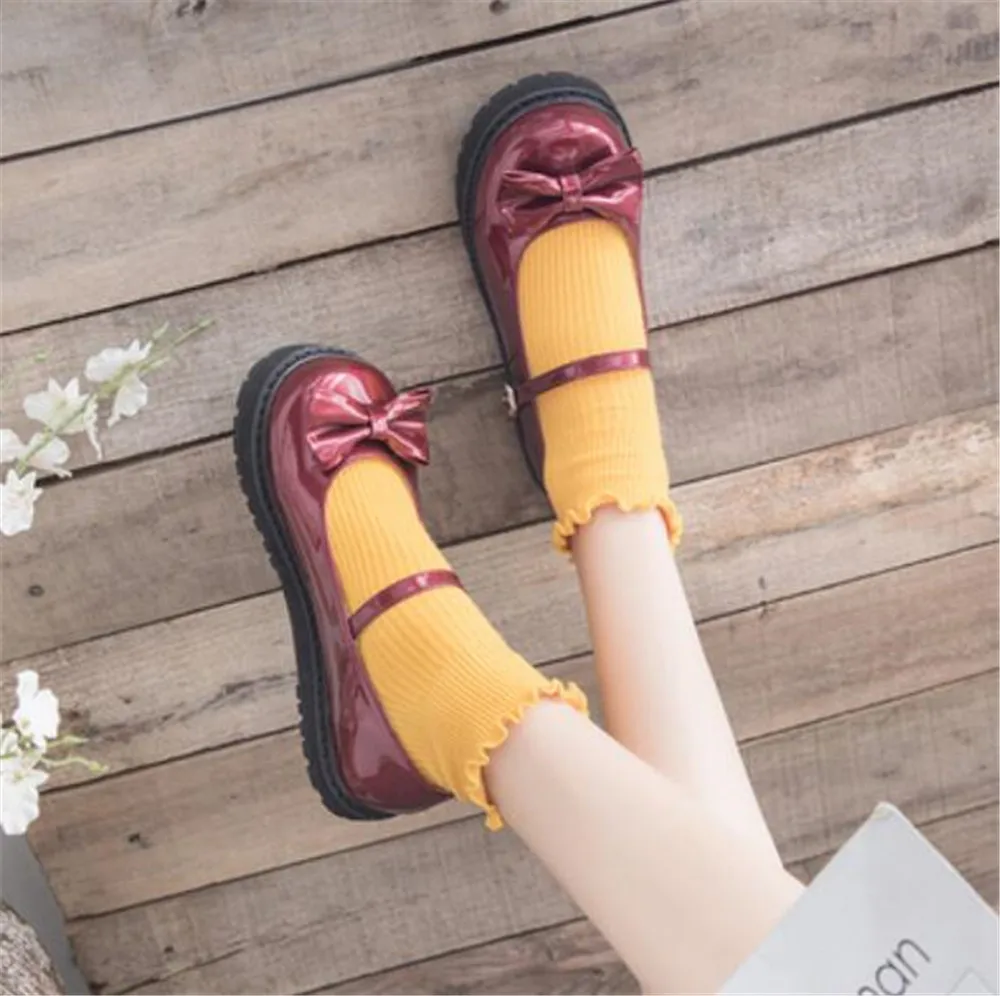 bright red Обувь Лолиты с бантом; JK; обувь для костюмированной вечеринки из искусственной кожи в стиле Лолиты; B376 - Цвет: bright red