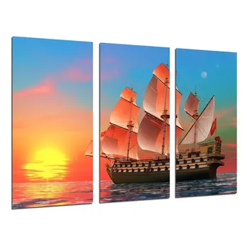 

Antique boat Sailing, Caravel War Sea Sunset, photo print on wood, modern picture decorative 26525