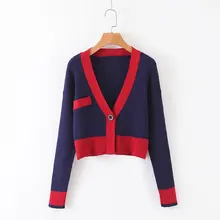 Woah Linjia 45-9121 Европейская и американская мода цвет темный кардиган с v-образным вырезом свитер