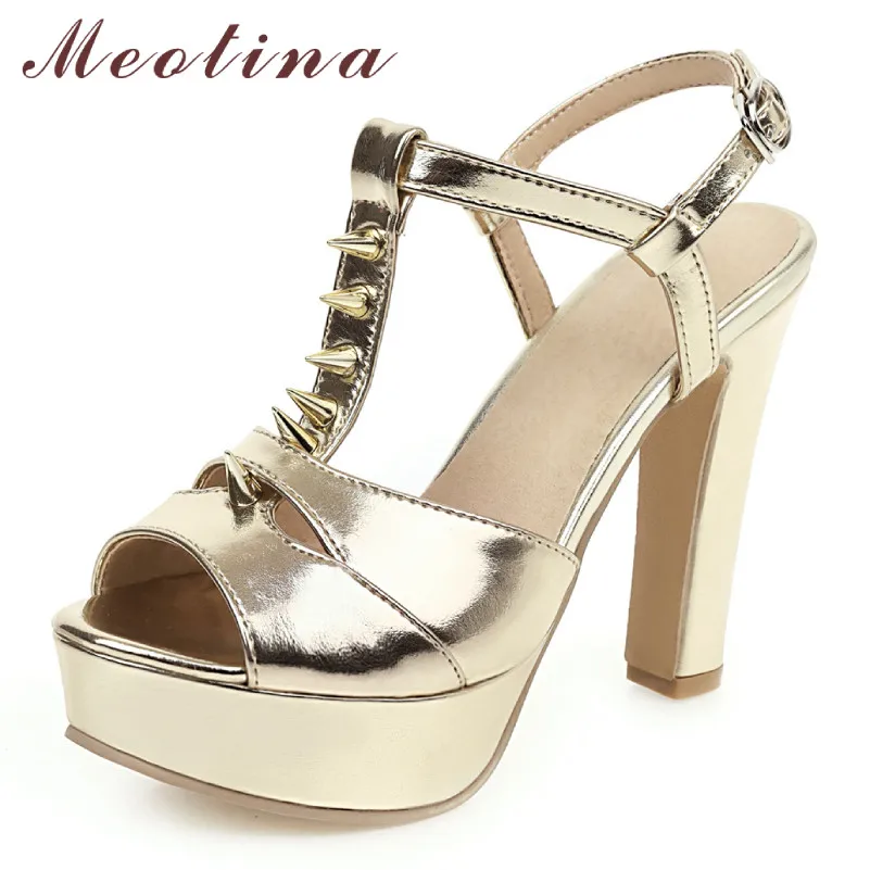 

Meotina Summer Sandals Women Shoes Buckle Platform Thick Heels T-strap Shoes Rivets Extreme High Heel Sandals Lady Plus Size 46