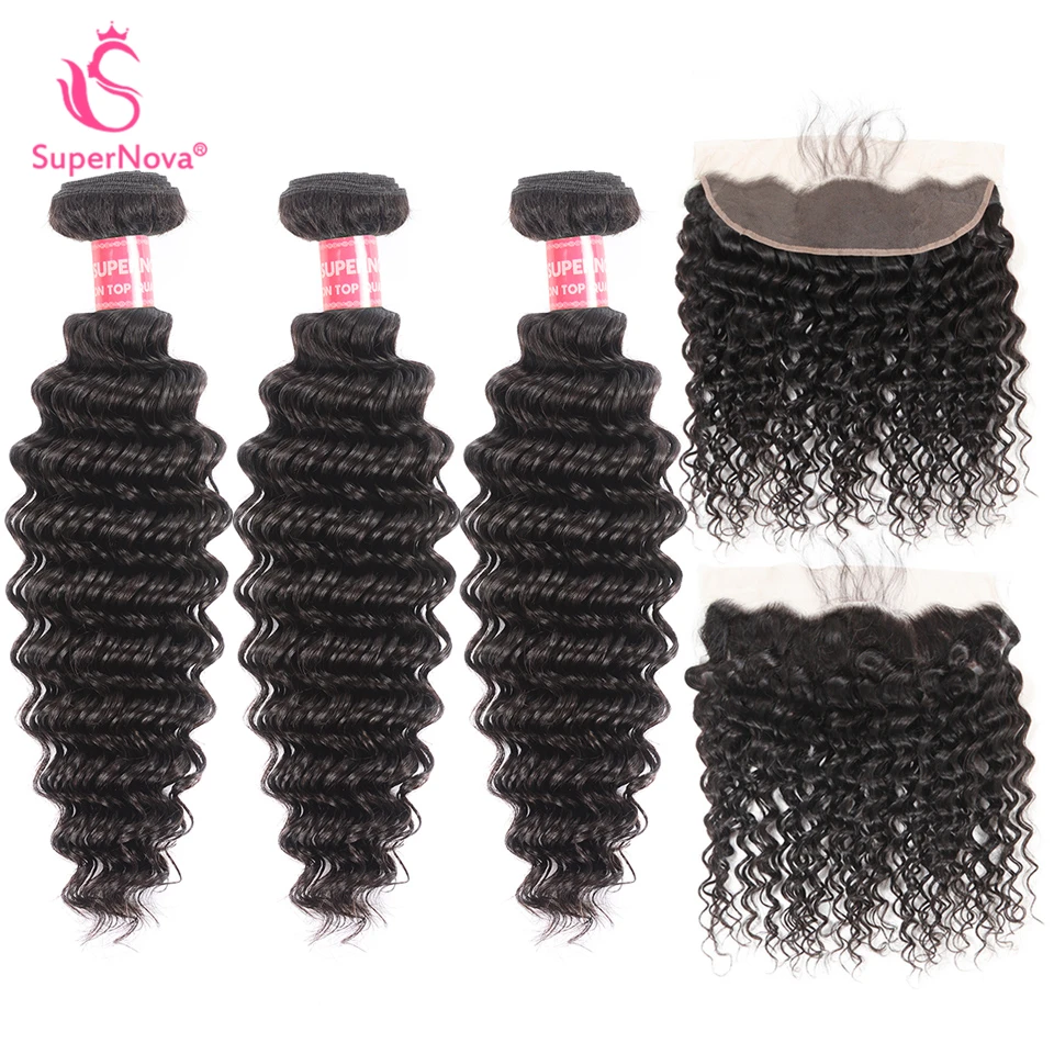 Supernova Ear To Lace Frontal With Bundles Brazilian Deep Wave 3 13*4 Remy Human Hair Extensions | Шиньоны и парики