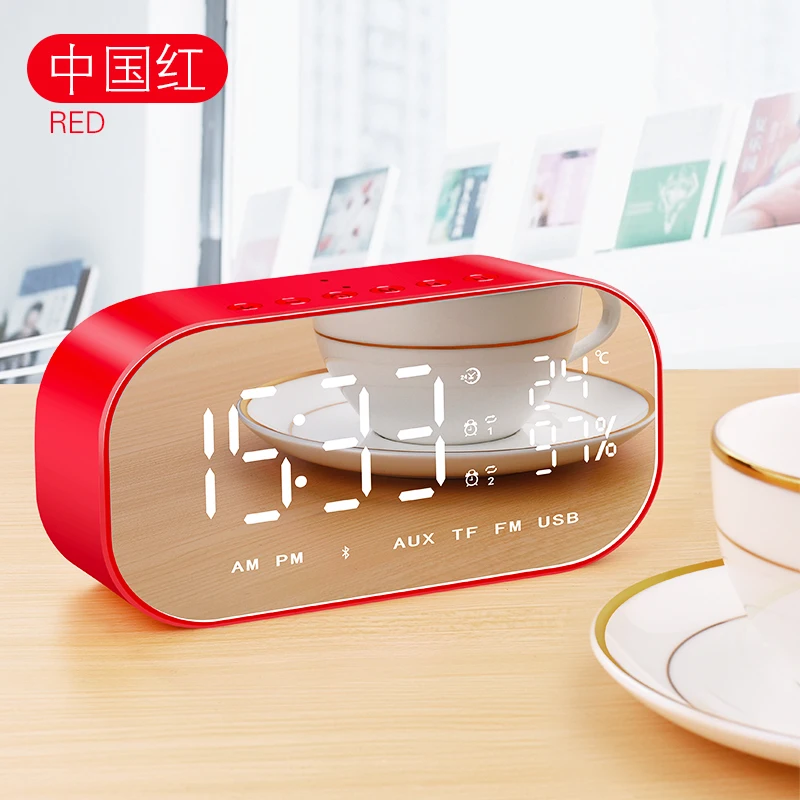 red Умный креативный беспроводной Bluetooth Динамик Зеркало часы дисплей Температура перезаряжаемый с затемнением будильник - Цвет: red