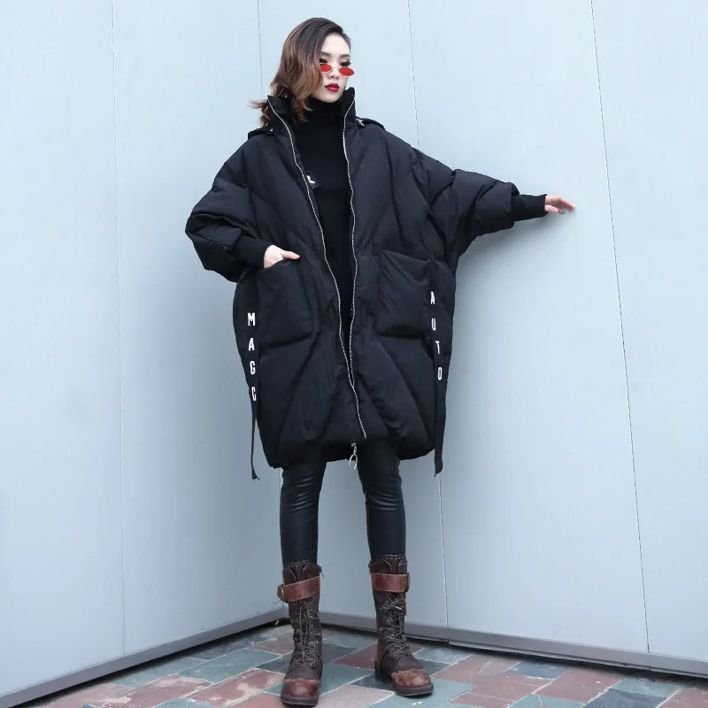 

Loose Fit Plus Size Bat Sleeve Winter Coat Women Zipper Hooded Parka Streetwear Trend Ladies Coats Women Pocket Ribbon Clothing
