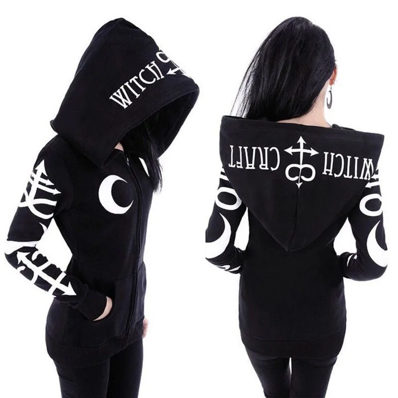 1 цвет, 5 размеров, женские толстовки в стиле панк, Готическая луна, толстовки с надписью, толстовка с длинным рукавом, куртка на молнии, пальто - Color: Black