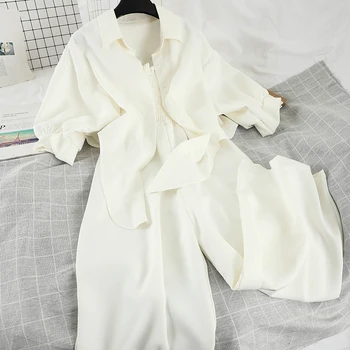 

HELIAR 2020 Elegant Two Pieces Sets Women Irregular Half Sleeve Coat And Wide Leg Jumpsuit Pant Set Simple Summer Autumn Outfits