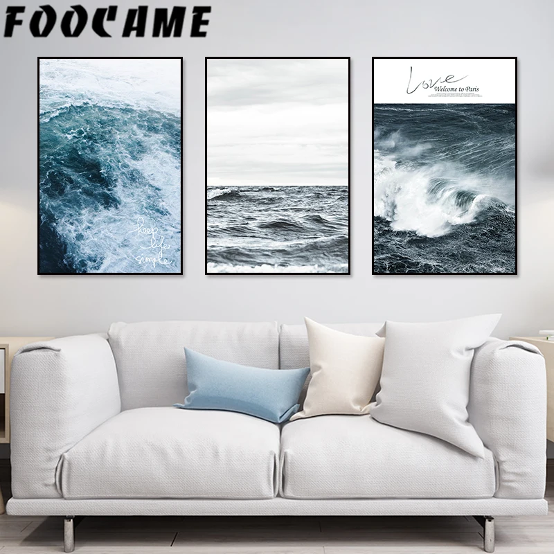 

FOOCAME Nordic Wave Sea Natural Scenery Wall Art Canvas Poster Living Room Print Decoration Picture Landscape Painting Seascape