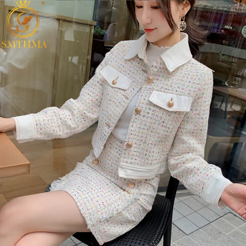 Women Luxury White Tweed 2 Piece Set Fall Winter Beading Peral Tassel Wool Blends Jacket Coat+ Mini Single Breasted Skirt Set