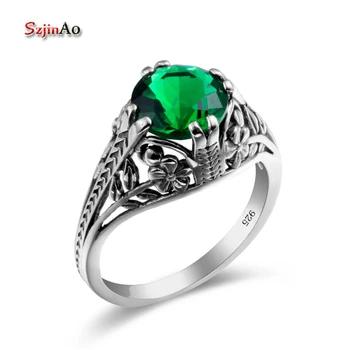 

100% 925 Silver Jewelry Rings for Women Birthday Gift Authentic Carved Clover Ring Silver Jewelry Vintage Boho Emerald Ring