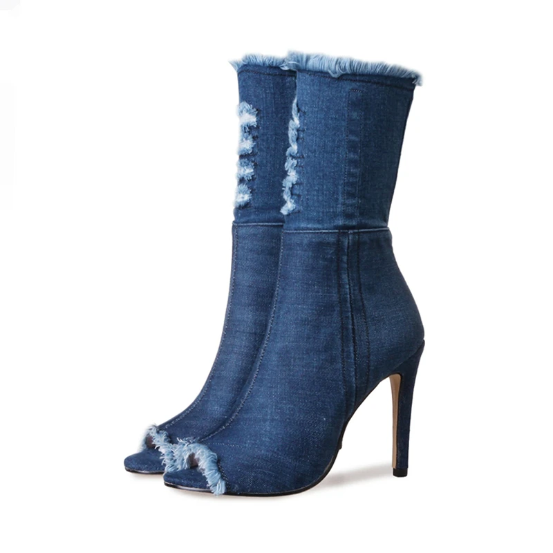 Agodor Bleu Bottes En Jean Nouvelles Chaussures D Ete Bottines Pour Femmes Bottes Bleu Denim Bottes Talons Hauts Sexy Peep Orteil Femme Stiletto Aliexpress