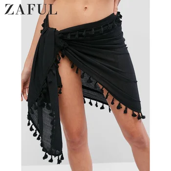 

ZAFUL Tassels Rectangle Sarong Cover-Up Sexy Fringe Beach Towel Solid Cover Up Beach Bottoms One Size 2020 New Women'S Bottoms