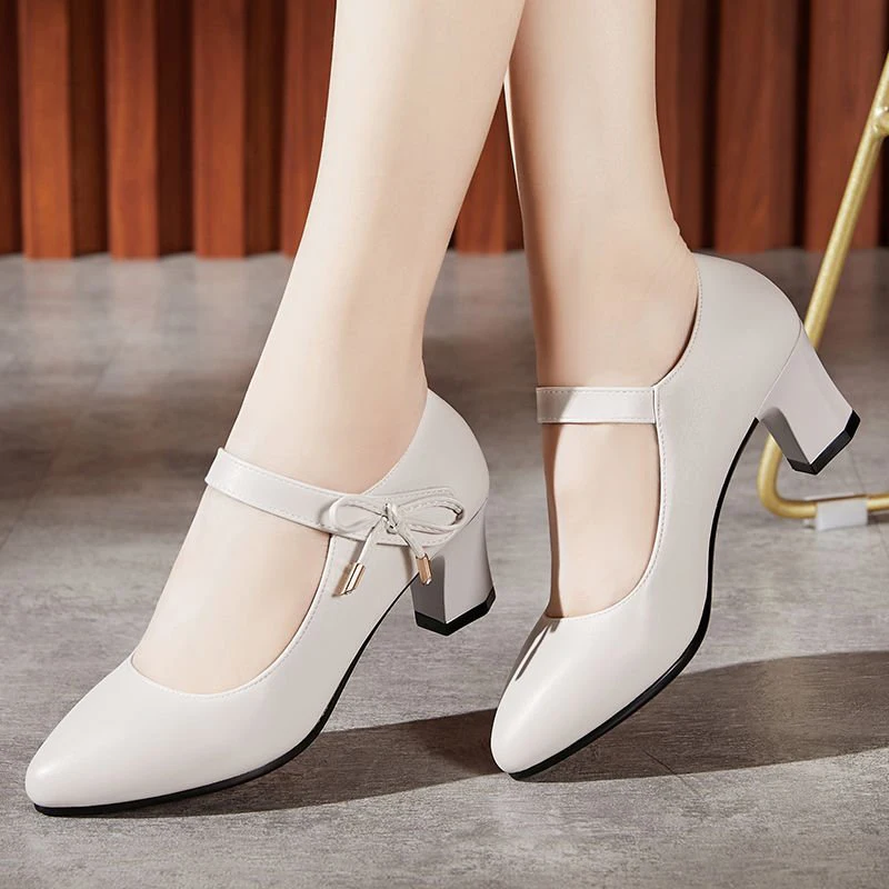 Zapatos de tacón alto de piel sintética con lazo para mujer, calzado informal de moda para Primavera, 2021
