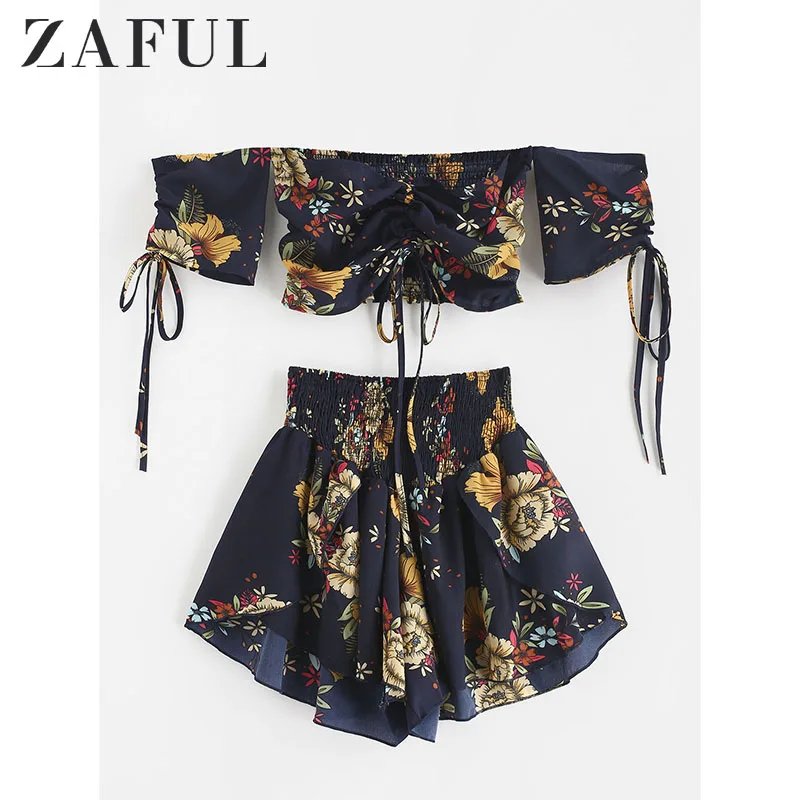 

ZAFUL Off Shoulder Cinched Floral Women Set Summer Slash Neck Short Sleeves Crop Top High Waist Shorts Set Beach Boho Suits