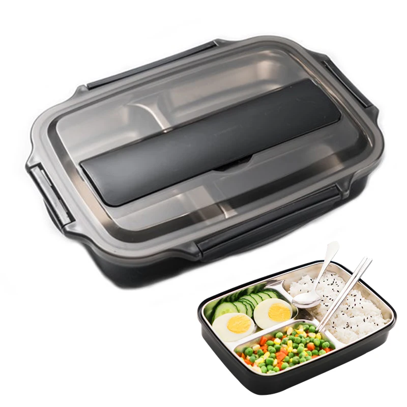 

Stainless Steel Lunch Box With Spoon Chopsticks Leak-proof Lunch Bento Boxes Three Grid Dinnerware Set Microwave Food Container