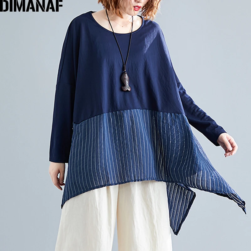 Cena DIMANAF Plus Size kobiety bluzka duży rozmiar jesień w paski łączone kobiet Lady podstawowe topy koszule z długim rękawem luźne odzież codzienna