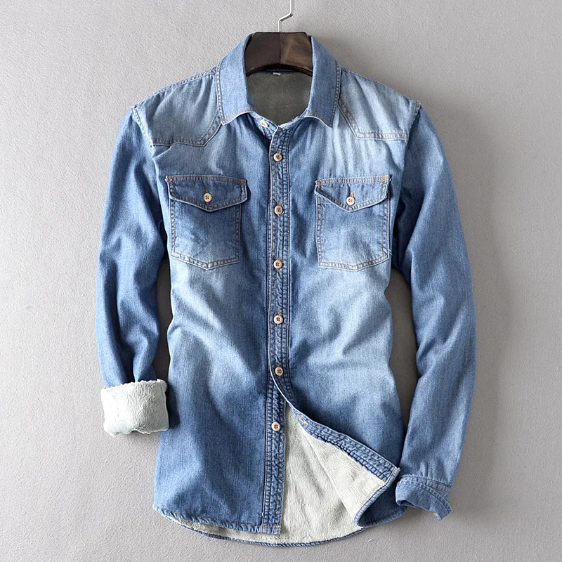 Зимняя Теплая Флисовая Плотная джинсовая рубашка, Модная хлопковая Мужская брендовая рубашка, Высококачественная приталенная рубашка с длинным рукавом