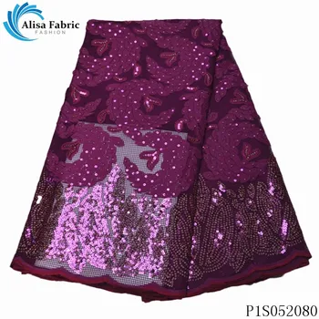 

Alisa popular sequin lace fabric french embroidery with stones high quality african net lace nigeria mesh fabric for party dress