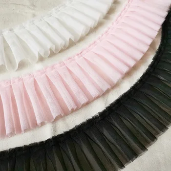 Tela de encaje de tul bordada de 91CM, gasa plisada de 9cm, cuello de cinta de encaje blanco y rosa, aplicación de encaje para costura KQ9
