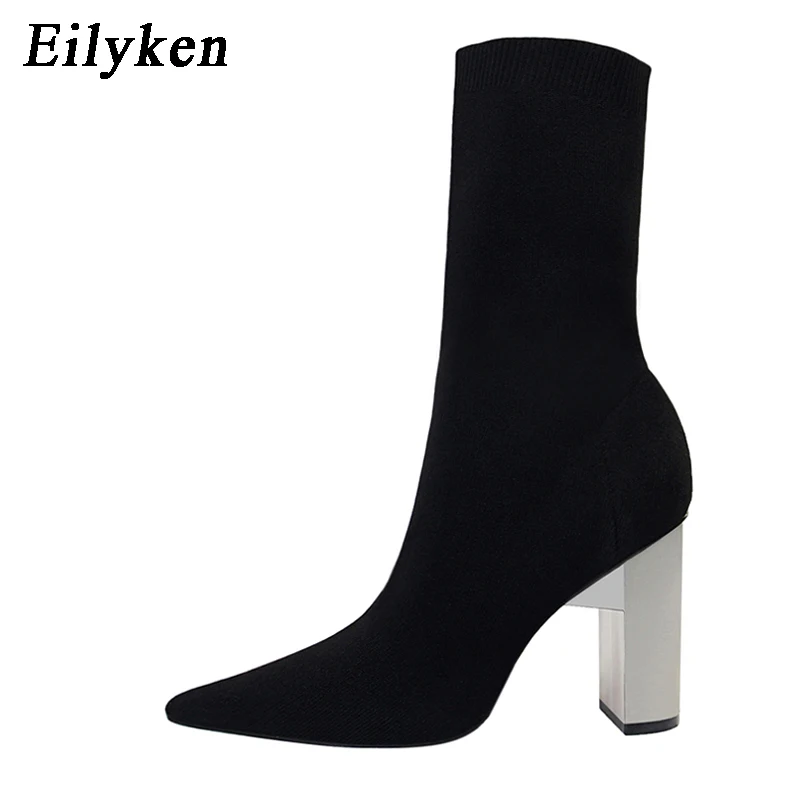 Eilyken/; женские Фетиш-сапоги с эластичными носками; металлический блочный высокий каблук 9,5 см; короткие ботильоны; обувь для стриптиза на массивном каблуке - Цвет: Black