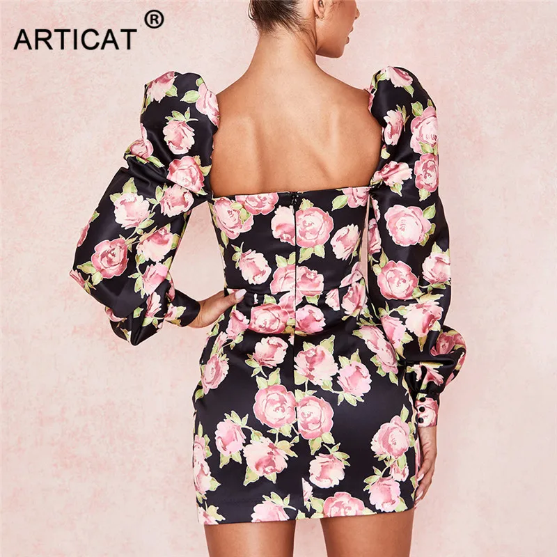 Articat цветочный принт винтажное женское облегающее платье с пышными рукавами с открытыми плечами необычное платье для вечеринки пуговицы Элегантное короткое платье для вечеринки