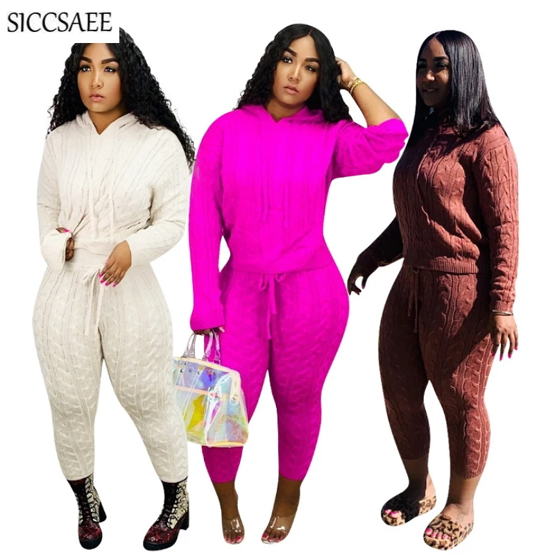 

Knitted Tracksuit For Women Hoodies Moleton Feminino Thickening Two Piece Set Loose Sweater Sexy Casual Outfits Solid Color 2020