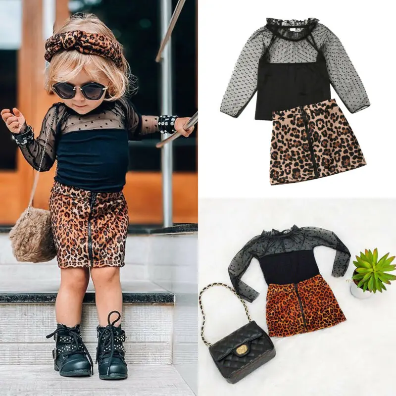 Mode ≥ter Baby Meisje Luipaard/кружевные топы с принтом Kleding Ruches, футболка Rok, тренировочный костюм, От 1 до 6 лет