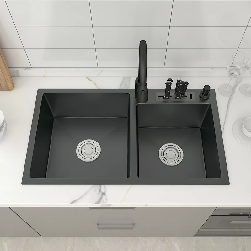 304 Stainless Steel Double Bowls Kitchen Sink With Knife-Holder Drop-in Or Undermount Dark Gray Basin With Drainage Accessories