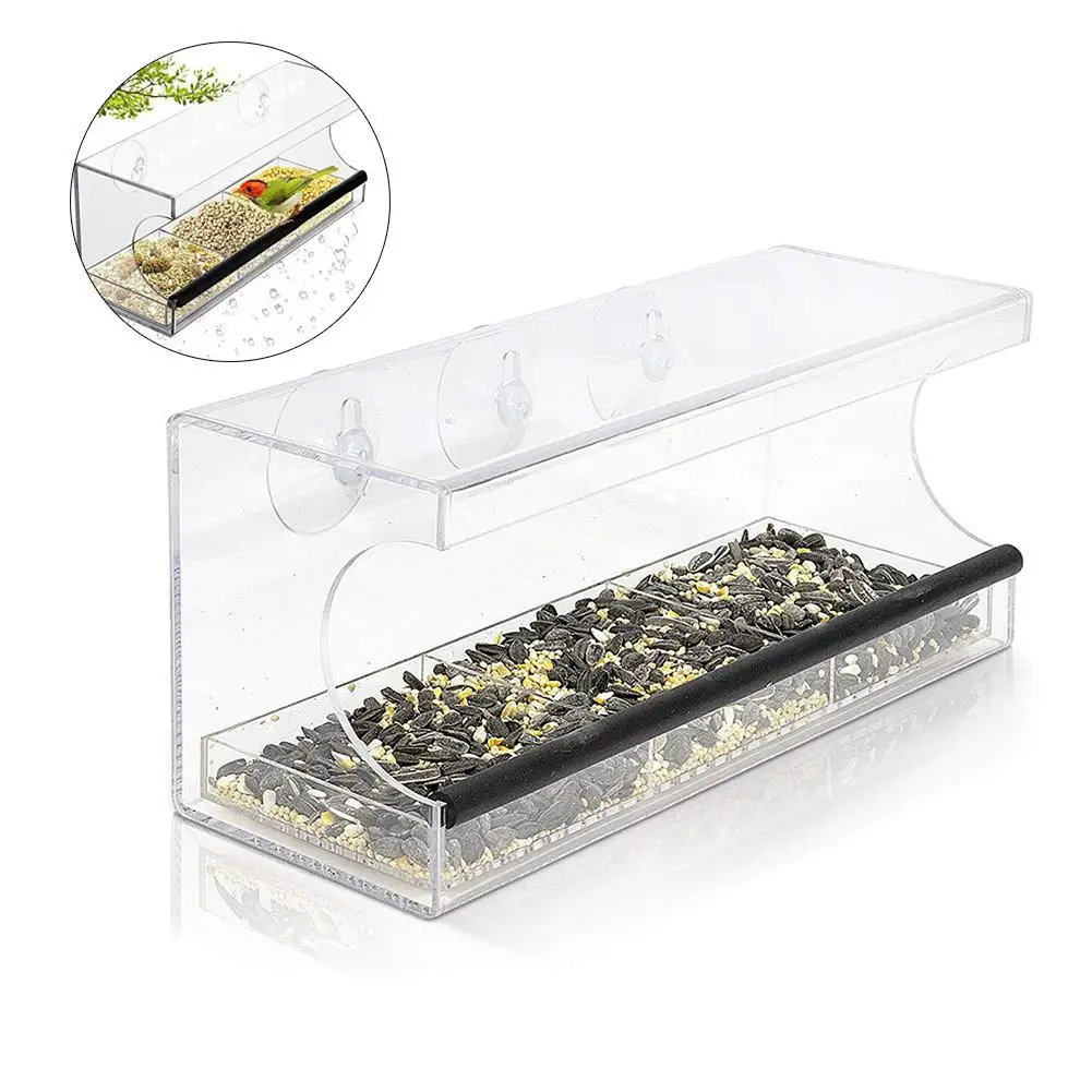 

Acrylic Automatic Bird Seed Feeder Transparent Wall Mounted Pet Feeding Device Seed Food Container With Drain Holes Bird Feeder