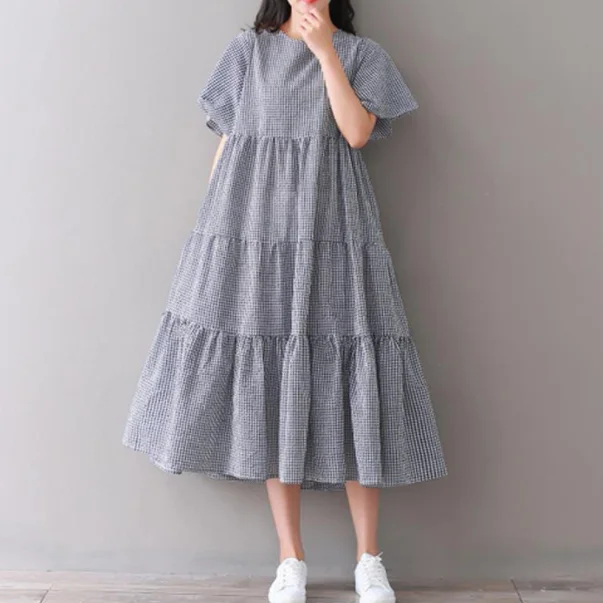 Mori girl robe Femme Ete, винтажное повседневное Свободное длинное платье в клетку для лета, элегантное Хлопковое платье миди с рюшами для женщин DA942