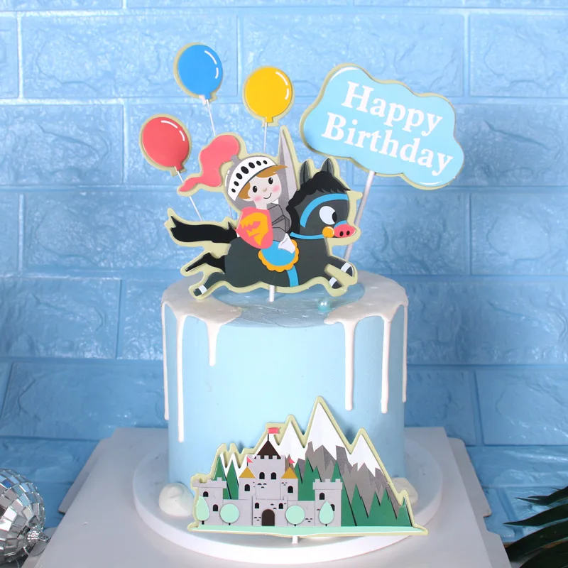 1 комплект двухслойный замок рыцарь Тема принца Топпер для торта «С Днем Рождения» Мальчики Детские сувениры вечерние принадлежности украшения торта - Цвет: Небесно-голубой
