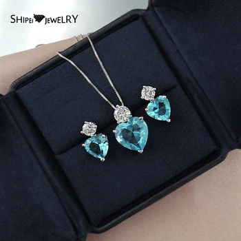 

Shipei 925 Sterling Silver Heart Paraiba Tourmaline Created Moissanite Earrings/Pendant/Necklace Wedding Engagement Jewelry Sets