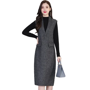 

2020 fashion woolen vest dress women autumn winter thicken knitted sweater and sleeveless long dresses two-piece set female 3089
