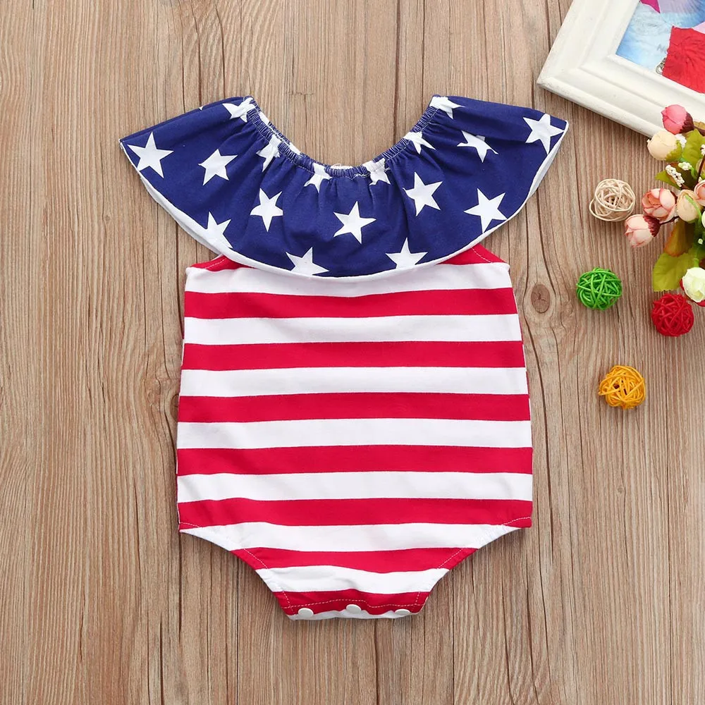 

4th Of July Toddler Infant Baby Girls Clothes Stars Striped Rompers Short Sleeve Jumpsuit Outfits Set Summer Clothes 6M-24M