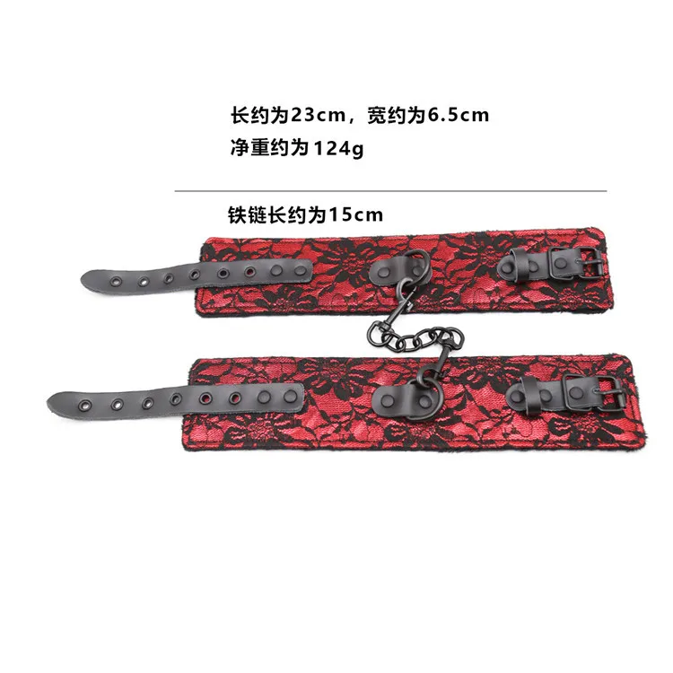 

Red Bound Set Lace Short Plush Handcuffs Footcuff Eye Patch Ball Gag Neck Scarf