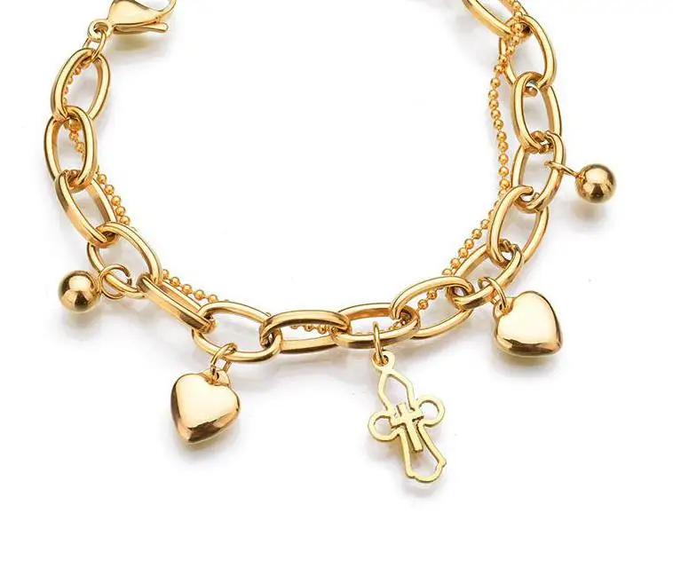 Религиозный золотой двойной Любовь полый крест полированный браслет из нержавеющей стали
