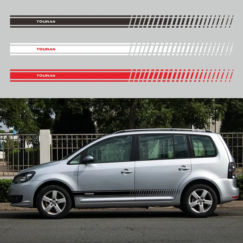 2 шт./лот, гоночные спортивные полоски для Volkswagen Touran, наклейки на боковые двери автомобиля, юбки, автомобильные аксессуары, декор для тела, виниловые наклейки