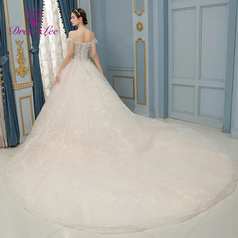 DressbLee цвета слоновой кости свадебное платье бальное платье с горловиной лодочка суд Поезд свадебное платье es Кружева Вышивка Свадебные платья vestido-de-noiva