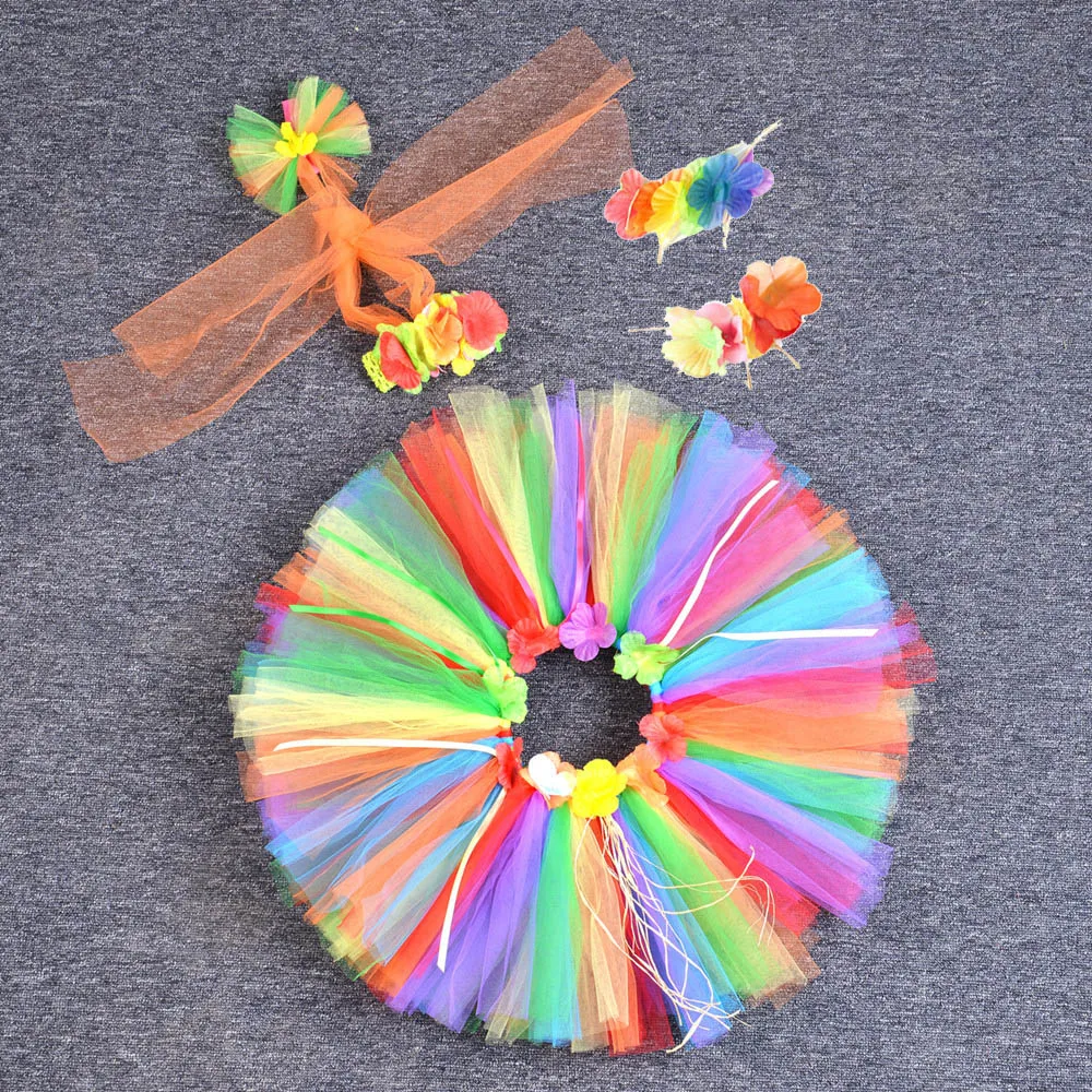 Fluffy Hawaiian Flower Tutu Skirt for Girl Baby Birthday Party Hawaiian Skirt Children Photo Shoot Skirts Set 4pcs with Fringes (2)
