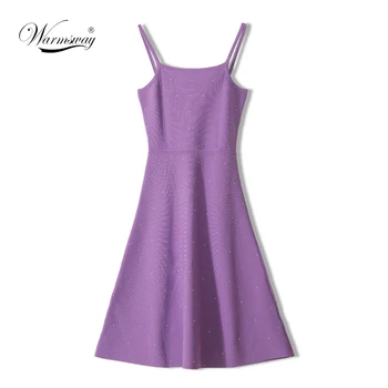 

Women Purple Knitted Dress 2020 Diamonds Beaded Strapless Sundress Sexy Elegant Spaghtti Strapless Slim Sweater Dress C-176